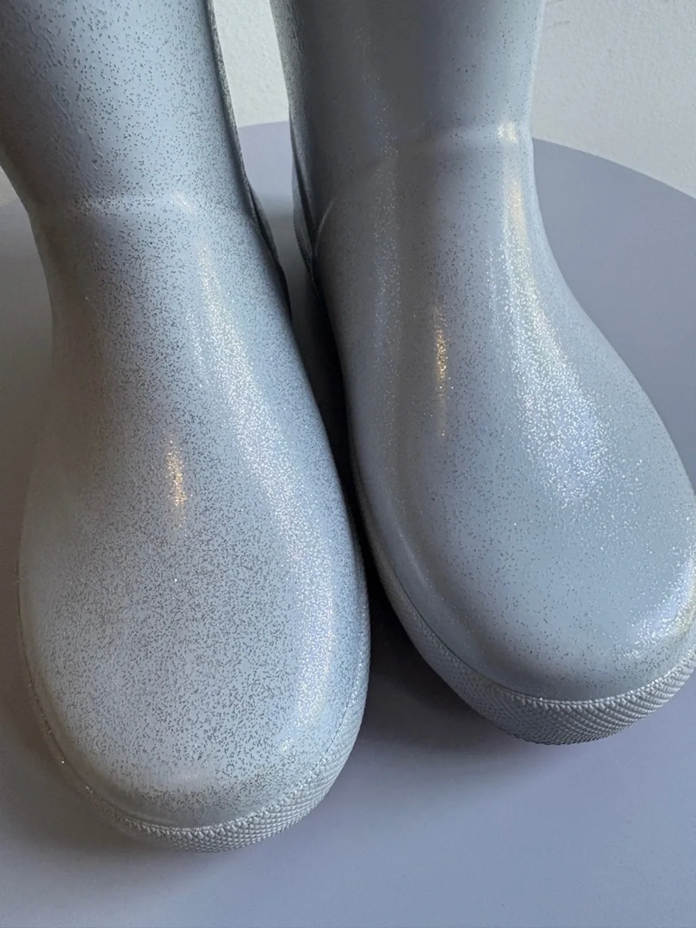 Hunter Rain Boots, Sparkly Silver w Pink Soles. Size 13. Like New